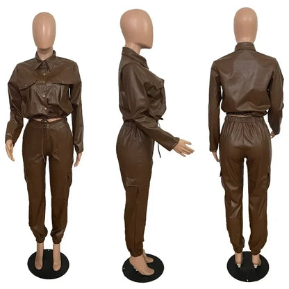 Women Jacket Sets 2 Piece Long Sleeved Slim PU Leather Gripped Pants Set Solid Zipper Fly Pencil Pants Slim Fit High Street Suit