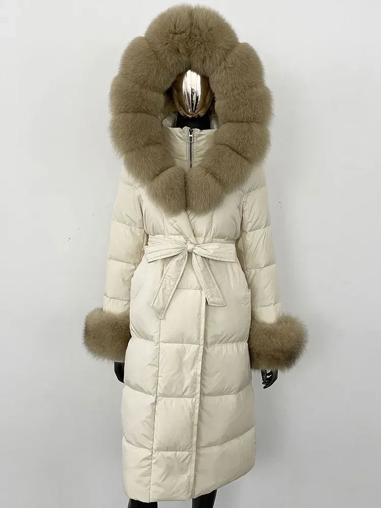 OFTBUY 2024 Long Winter Jacket Women Natural Real Raccoon Fox Fur Collar Hooded White Duck Down Coat Thick Warm Casual Outerwear