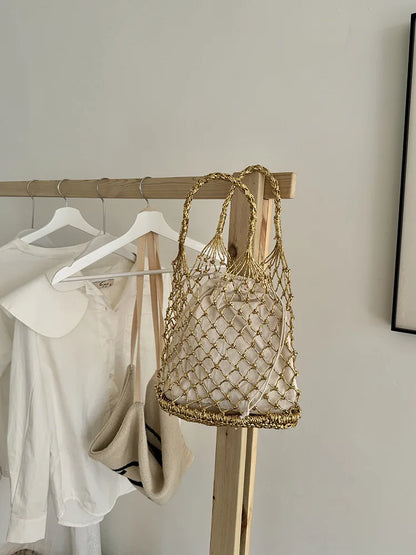 Hylhexyr Ins New Solid Color Gold and Silver Thread Handmade Weaving Bag Bucket Shaped Fashion Handbag Beach Bags