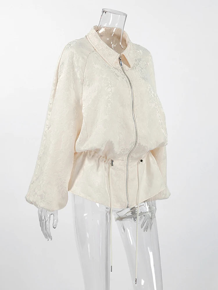 Luxury Apricot Texture Jacket Turn-down Collar Zipper Drawstring Waist Slim Lantern Sleeves Outerwear 2026 Fall Chic Lady Coat