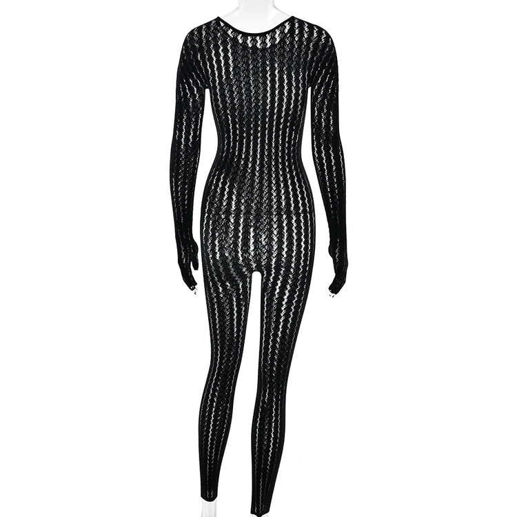 Sheer Hollow Out Jumpsuits Women Summer Round Neck Long Sleeve High Stretch One Piece Jumpsuit Rompers Thin Sexy Overalls