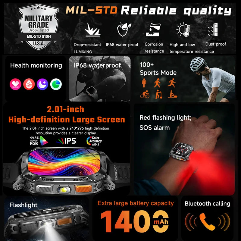 New 1400 mAh Battery Military Smartwatch Men IP68 Waterproof Flashlight Health Monitor Sports Call Smart Watch For iOS Android