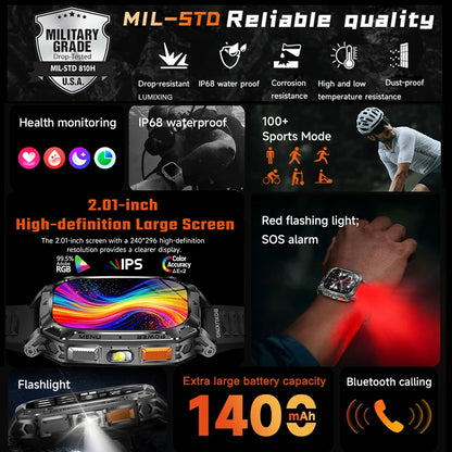 New 1400 mAh Battery Military Smartwatch Men IP68 Waterproof Flashlight Health Monitor Sports Call Smart Watch For iOS Android