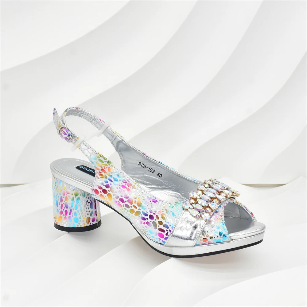 2025 Rhinestone Design INS Hot Sale New Arrivals African Shoes and Bag Set in Silver Color Open Toe Comfortable Women Heels