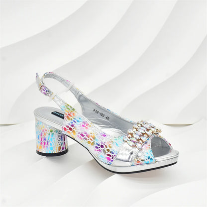 2025 Rhinestone Design INS Hot Sale New Arrivals African Shoes and Bag Set in Silver Color Open Toe Comfortable Women Heels