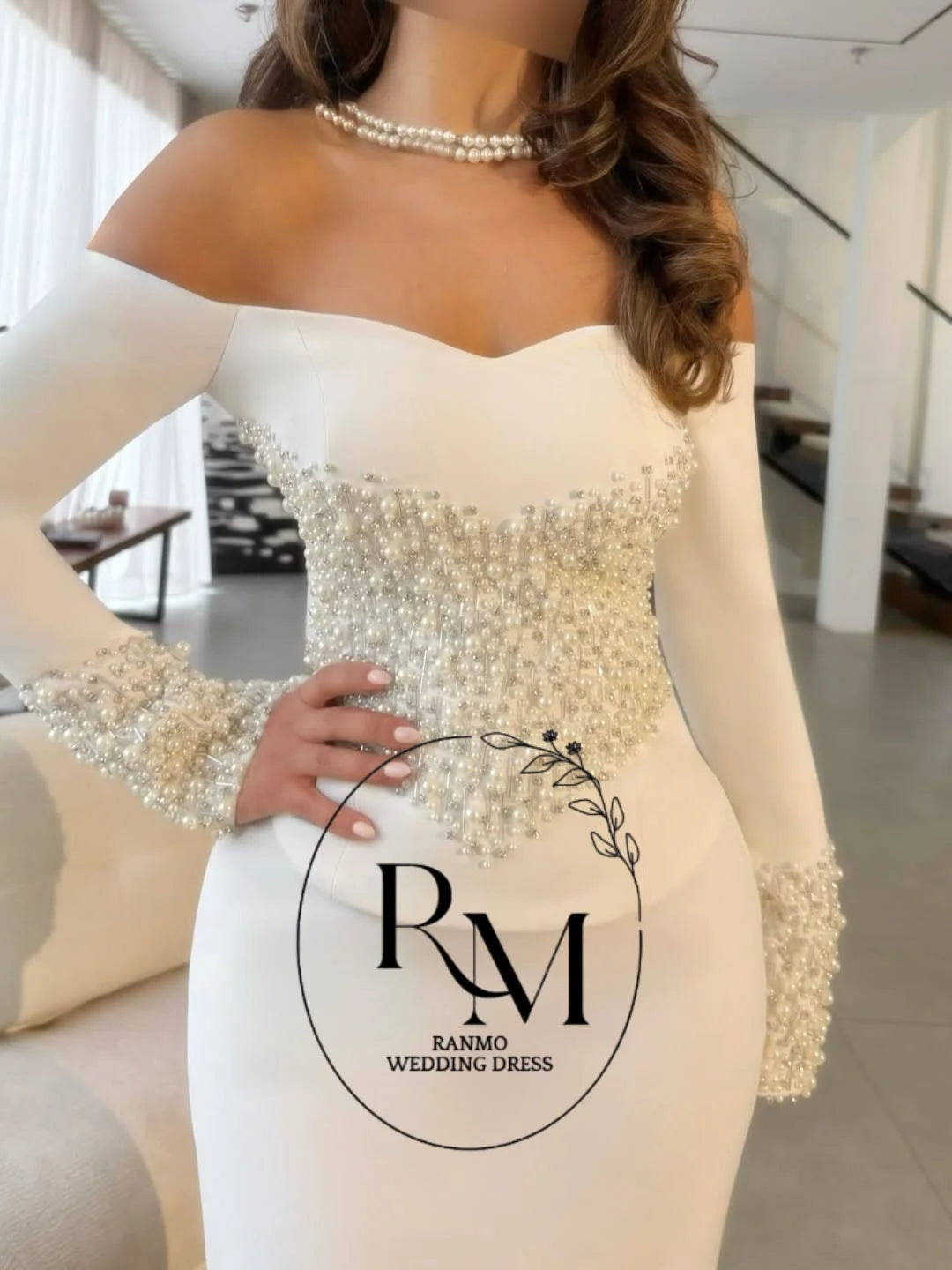 Ranmo Luxury Beading Pearls Evening Dress Customized Full Sleeve  Sweetheart Mermaid Formal Party Dress Off Shoulder Prom Gown
