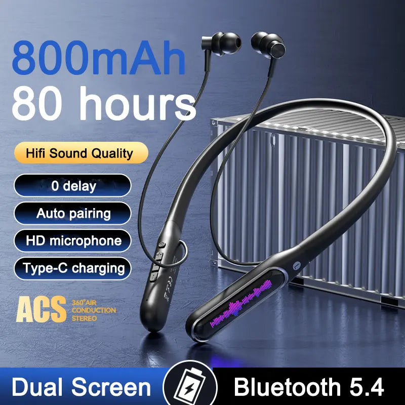 EARDECO Dual Screen Neckband Earphones Bass 5.4 Bluetooth Headphone Sport Wireless Headphones Outdoor Waterproof Dustproof