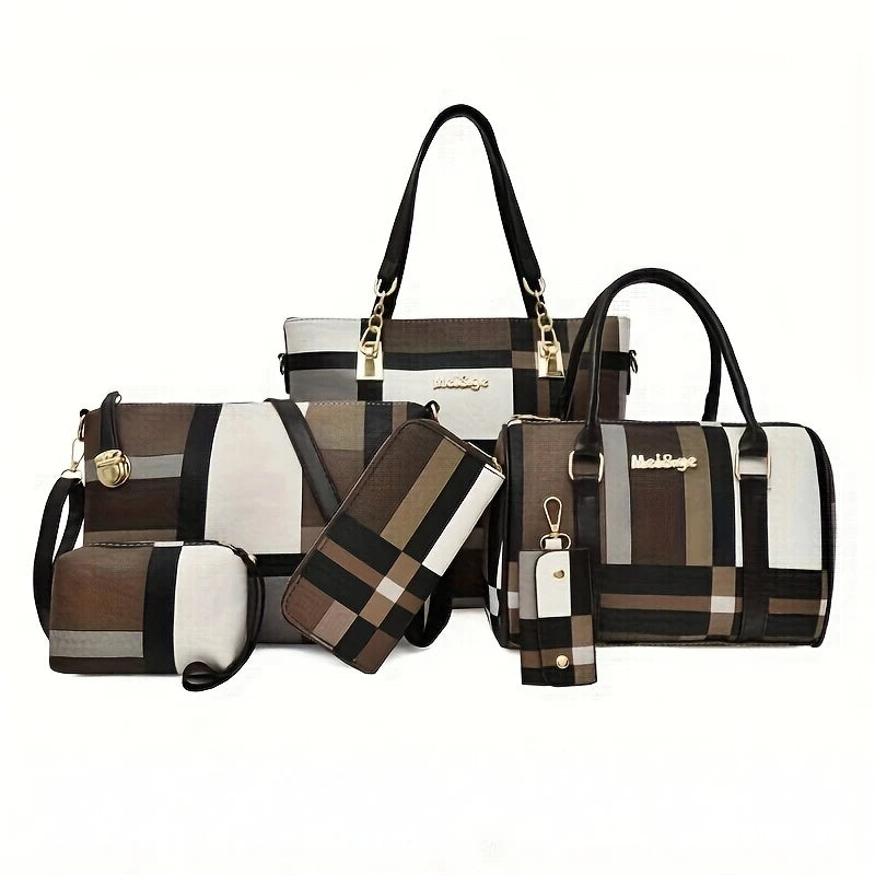 6 Pcs Women Plaid Handbag Set Fashion Checkered PU Leather Tote Shoulder Crossbody Bag Ladies Clutch Purse Card Coin Wallet Multi-piece Bag Set For Daily Shopping Party
