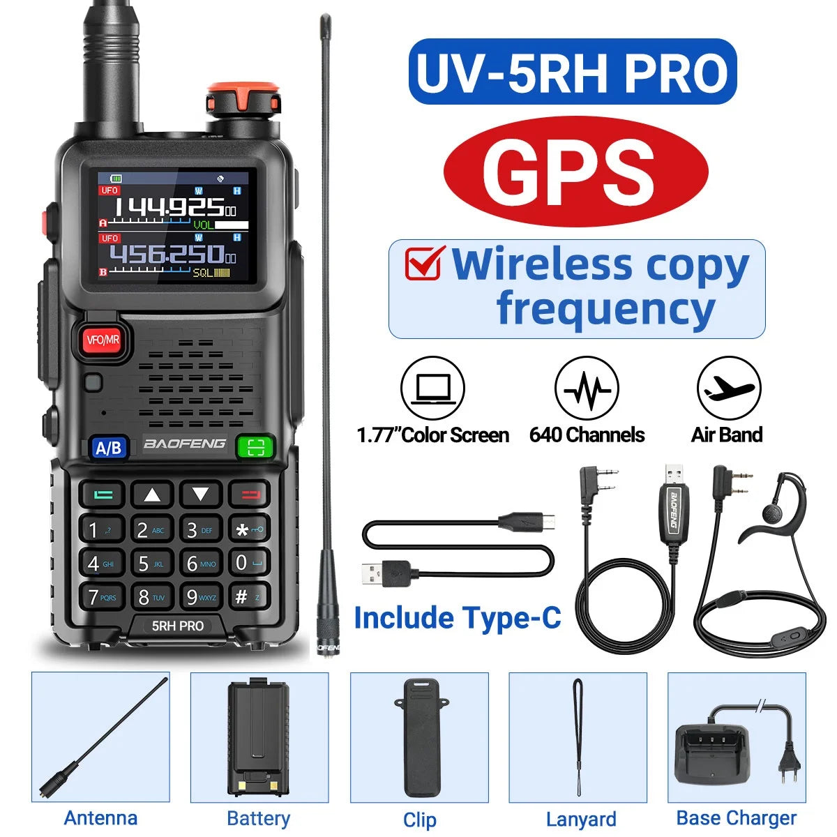 Baofeng UV-5RH PRO GPS Walkie Talkie Multi Band Wireless Copy Frequency Type-C Charger Upgrade UV-5R UV 17 Pro Gps Ham Radio