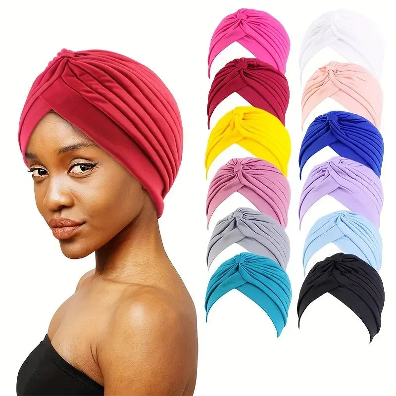6pcs Soft & Cozy Womens Pleated Turban Caps - Elastic, Comfortable, Unscented Headwraps for Chemo, Solid Colors, Variety Pack Fo