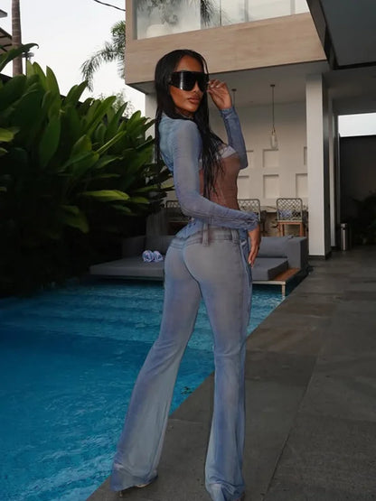 Sexy Denim Print Mesh Jumpsuit Women Chic Sheer Body Silhouette Rompers Elegant Long Sleeve Party Festival Clubwear Outfits 2026