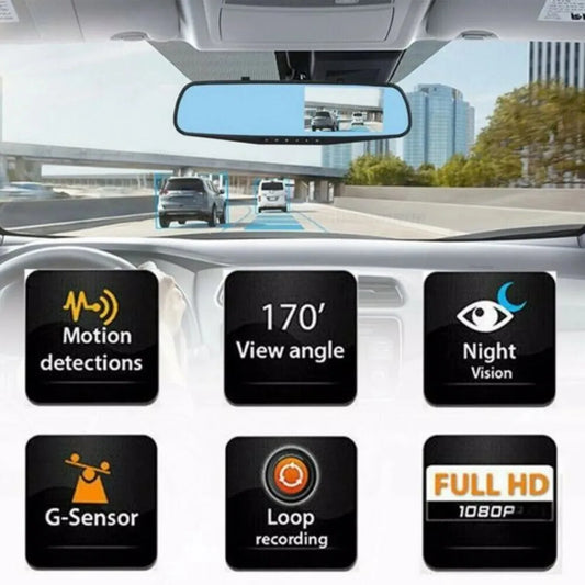 Dual Camera Dash Cam, Front/Rear Lenses, Rearview Mirror Cam, 64GB Card, Night Vision, Wide Angle, Loop Recording