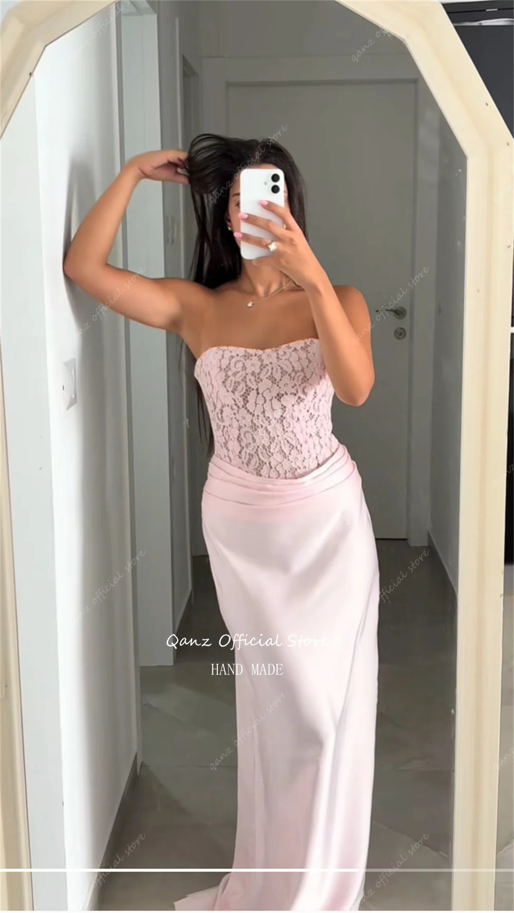 Qanz Pink Prom Dress Mermaid Lace Evening Dresses Woman Elegant Strapless Backless Satin Robe De Soirée Femme Customized