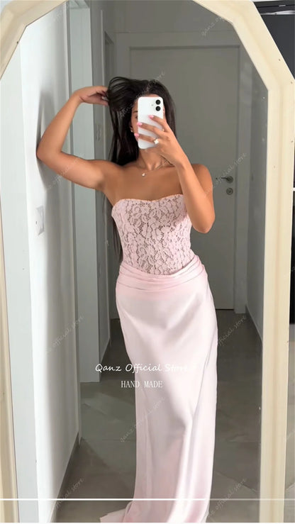 Qanz Pink Prom Dress Mermaid Lace Evening Dresses Woman Elegant Strapless Backless Satin Robe De Soirée Femme Customized