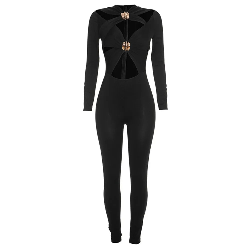 FLARORA Sexy Hollow Out Jumpsuits Woman Trend Metal Buckle Decoration Full Sleeve Skinny Peach Hip Party Club Street Overalls