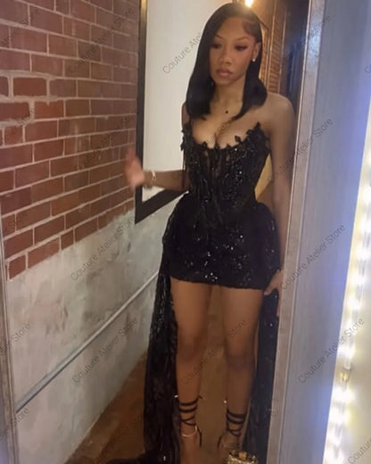 Black Crystal Beaded Homecoming Prom Dress Mermaid Mini Cocktail Valentine's Day Birthday Dress Luxury 2026 Blackgirl Customized