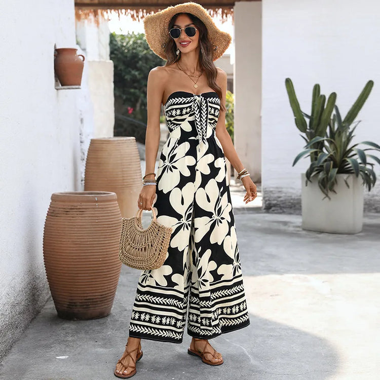 Canwedance New Flower Printing One-piece Playsuits Bandeau Sleeveless Boho Wide Leg Rompers Backless Summer Beach Jumpsuits
