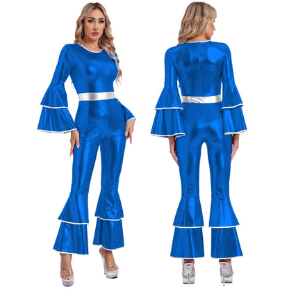 Women Vintage One Piece 70s Disco Dance Rompers Sleeveless Metallic Bell Bottom Flared Pants Jumpsuit for Retro Party Jazz Dance