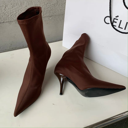 2026 New Spring Autumn Stretch Fabric Women Ankle Boots Sexy Pointed Toe High Heels Fashion Female Socks Pumps Shoes