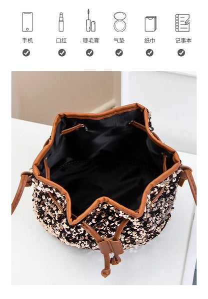 New Chic Multicolor Sequin Shing Shoulder Bag Fashion Versatile Handbag Drawstring Bucket Bag Large Capacity Wallet Purse Bags