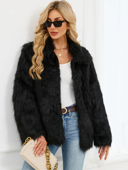 2026 Autumn Winter Brown Faux Fur Coat Women Casual Turndown collar Fluffy Plush Jacket Long Sleeve Thick Fake Fur Warm Cardigan