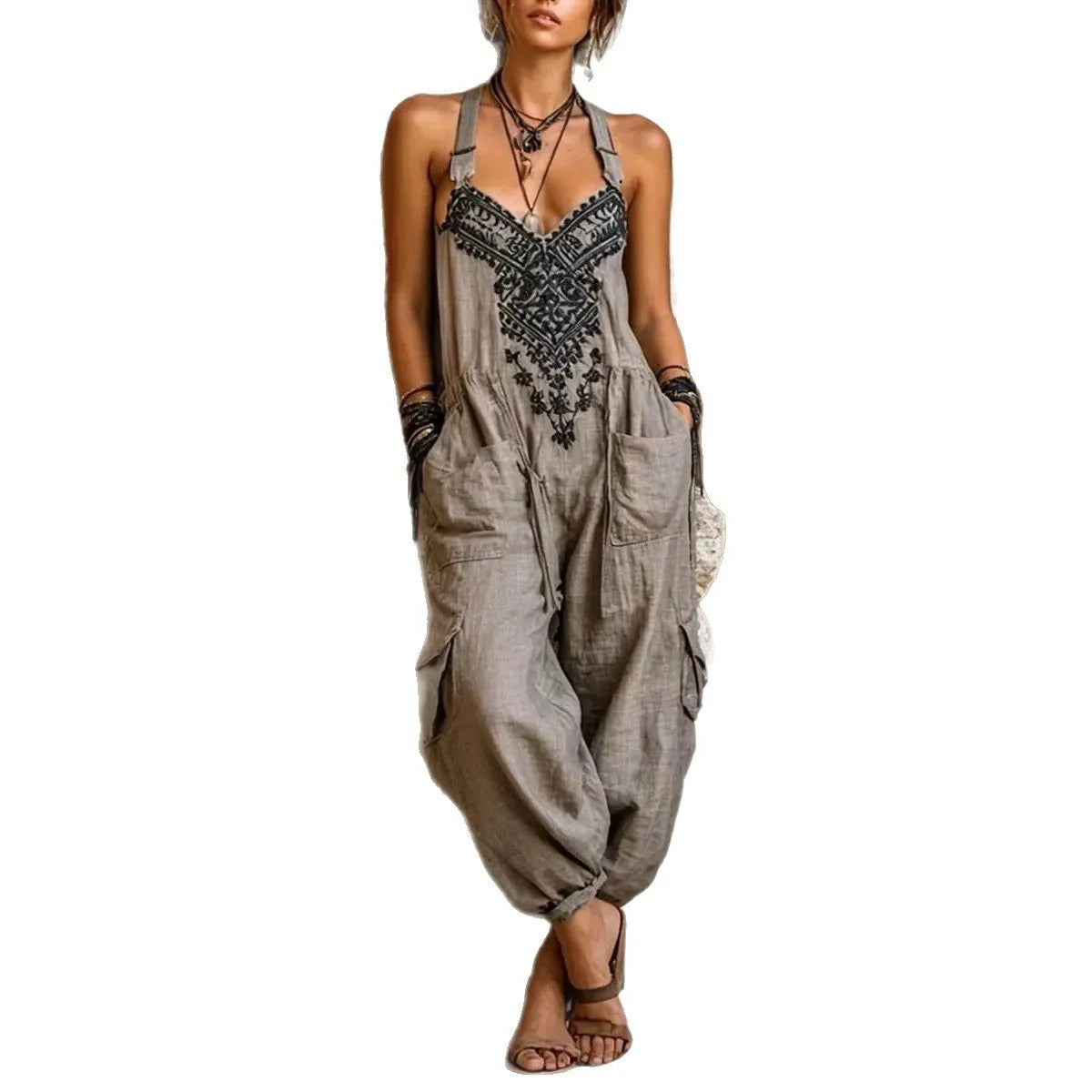 Women Boho Printed Halter Jumpsuit Sleeveless Drawstring Waist Multi Pocket Cargo Loose Summer Casual Outfits Women's Jumpsuit