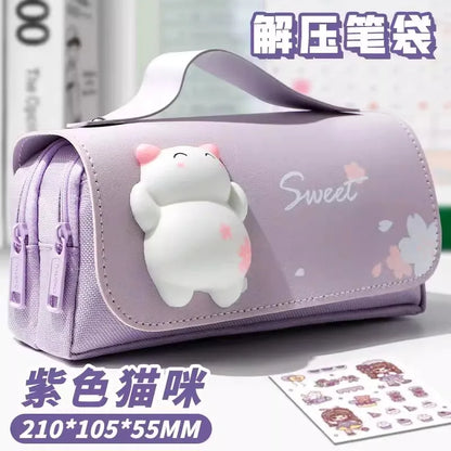 Green Panda Pencil Bag Large Capacity Stationery Pen Case Bear Dog Cat Handle Storage School Supplies Gift Box PU Ruler Holder A