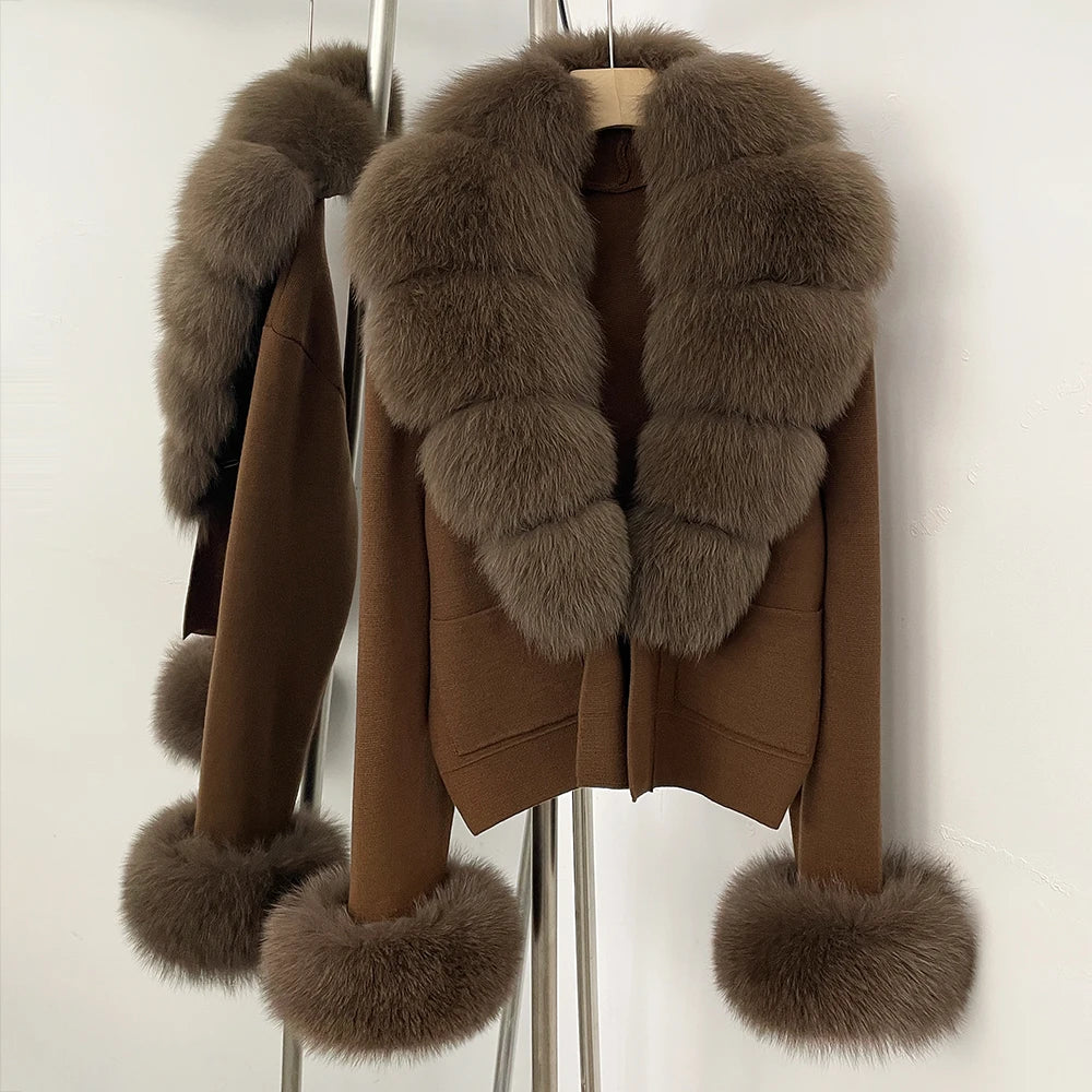 OFTBUY Loose Fit Warm Winter Fashion Lady Outerwear Sweater Female 2025 New Women's Knit Cardigan with Large Real Fox Fur Collar