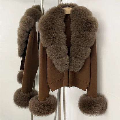 OFTBUY Loose Fit Warm Winter Fashion Lady Outerwear Sweater Female 2025 New Women's Knit Cardigan with Large Real Fox Fur Collar