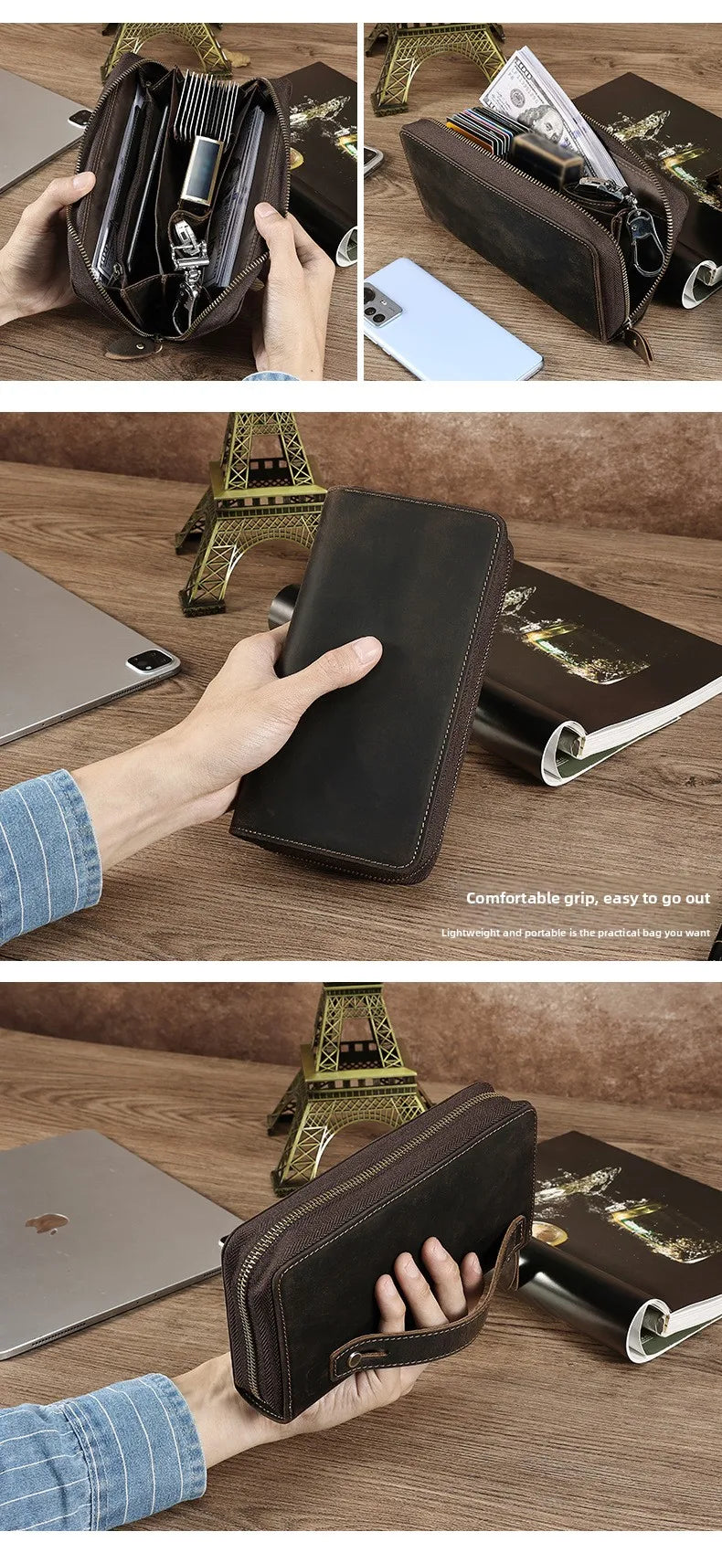 Men's Clutches Long Handbag Business Vintage Cow Leather Man Long Wallet For Men And Woman Oil Wax Zipper Bag Purse