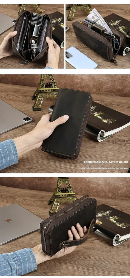 Men's Clutches Long Handbag Business Vintage Cow Leather Man Long Wallet For Men And Woman Oil Wax Zipper Bag Purse