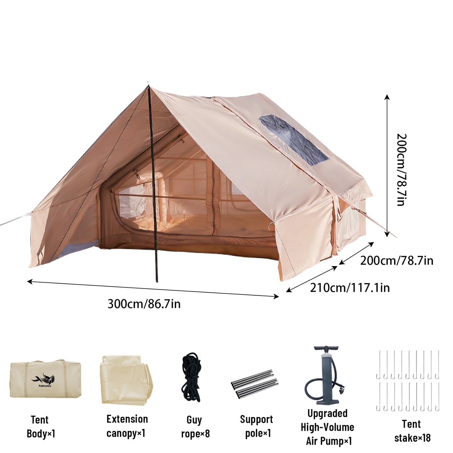PAKICETUS Luxury Inflatable Camping Tent with Skylight Quick Setup Blow Up Tent with Air Pump 4-6 Persons Large Family Portable Outdoor Tent for Camping Hiking Backyard