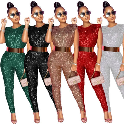 Women Sequins Sexy Jumpsuits New Sleeveless Party Skinny Solid Club Female Elegant Fashion Street Casual Belt Not Included