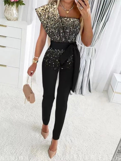 Elegant Women Sequins Patchwork Bodycon Jumpsuit Summer Fashion One Shoulder Prom One Piece Belt Trouser Overalls Jumpsuits