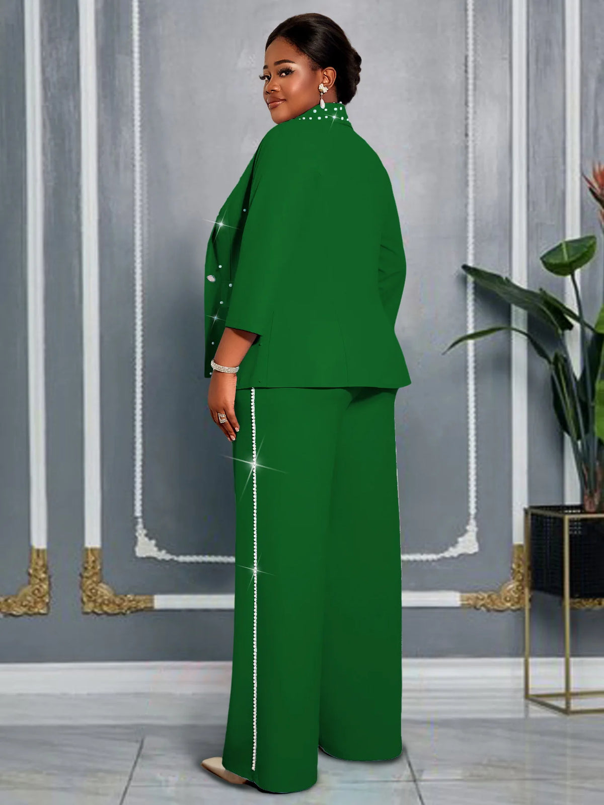 Plus Size Women's Green Beaded Blazer Suit Three-quarter Sleeve Top + Wide-leg Pants Elegant Two-piece Set Casual Y2K Two Piece