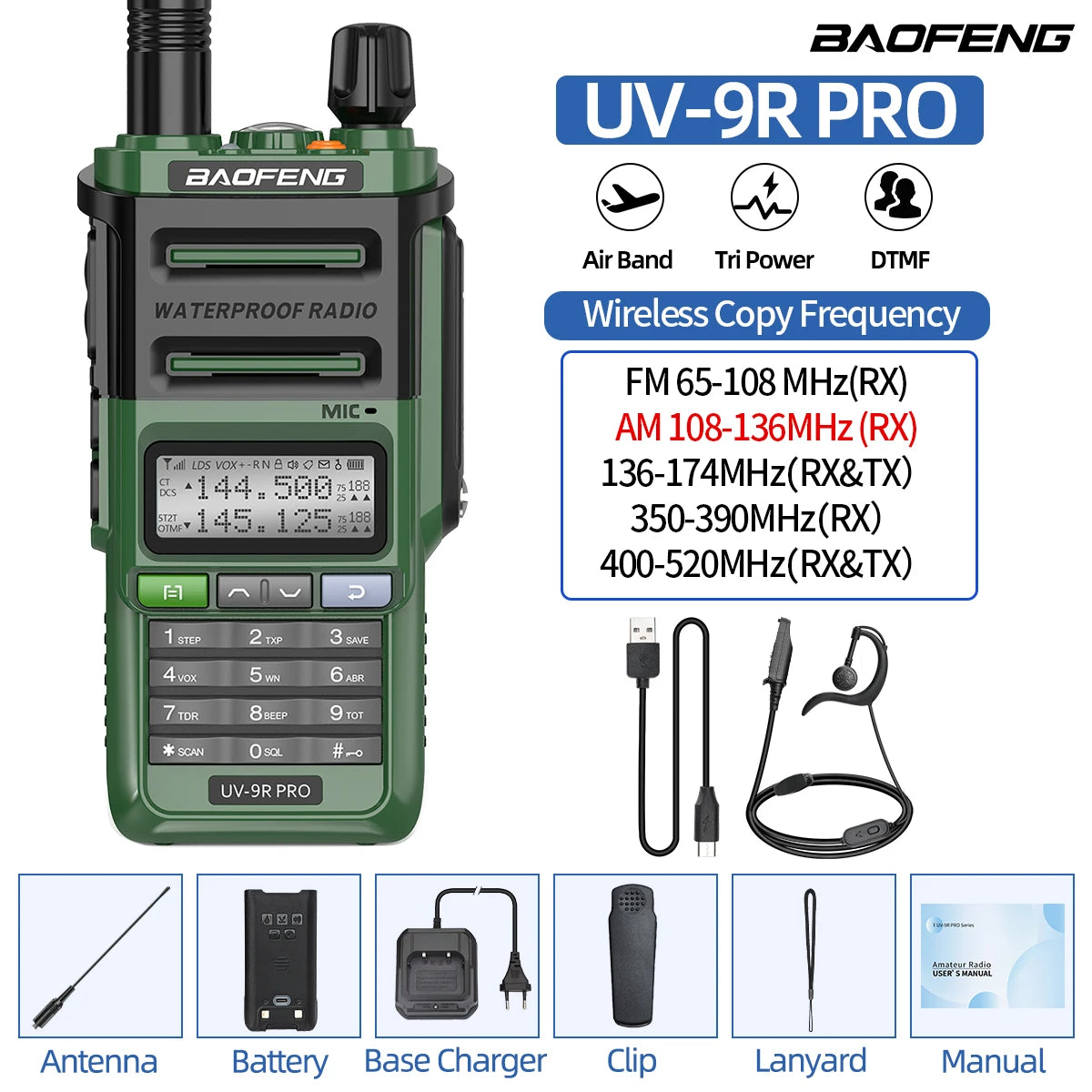 Baofeng UV-9R PRO Walkie Talkie IP68 Waterproof Full Band Wireless Copy Frequency 128CH AM FM Type-C Long Range Two Way Radio