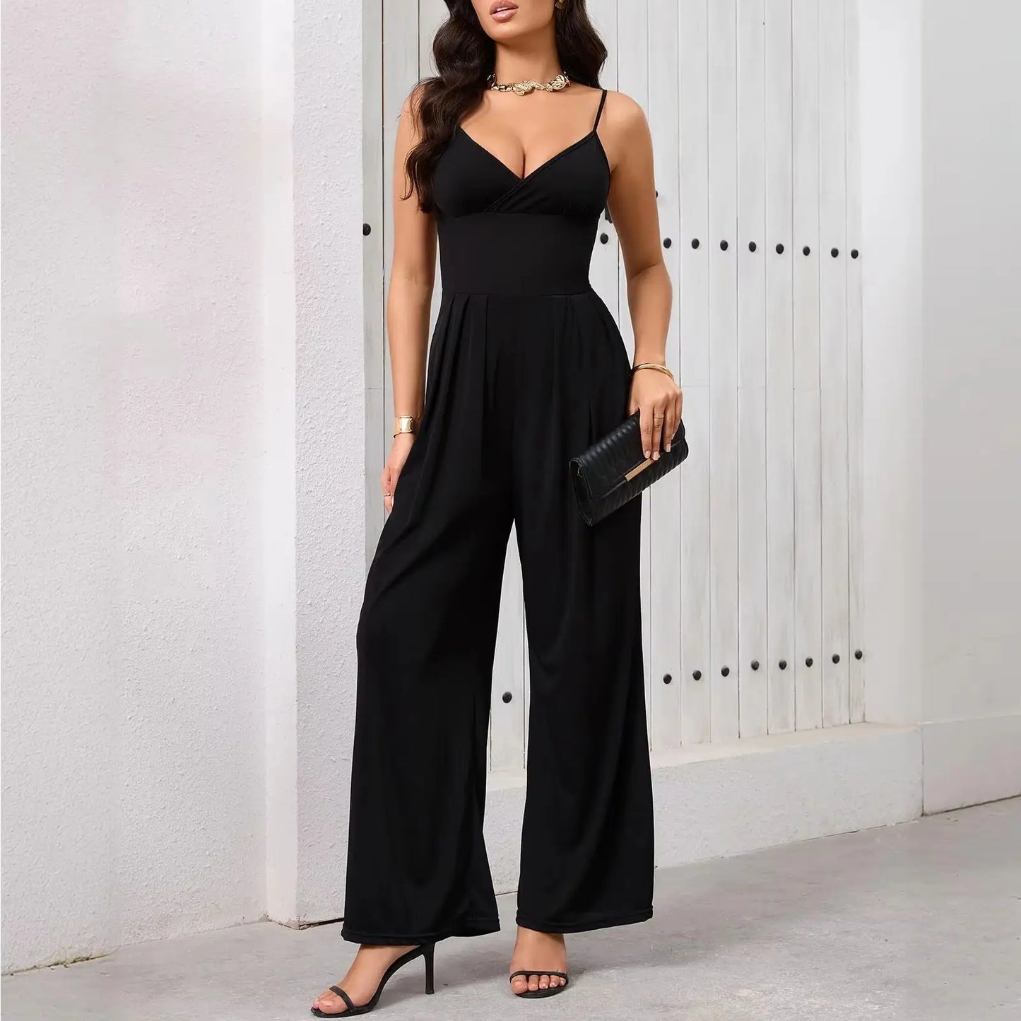 Ladies' casual solid color slim shoulder strap V-neck jumpsuit with cinched waist and wide leg pants
