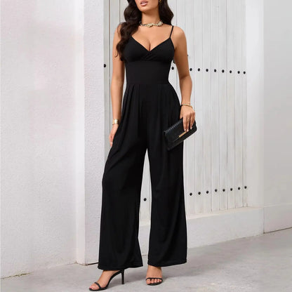 Ladies' casual solid color slim shoulder strap V-neck jumpsuit with cinched waist and wide leg pants