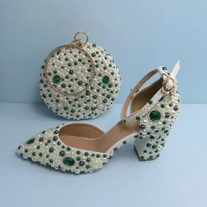 BaoYaFang Green Pointed Toe Pearl Bridal Wedding Shoes and Bag Thin Heel Slingbacks Female Ladies Party Shoe Shallow Women Shoes