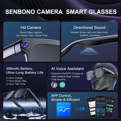 SENBONO NEW Smart Glasses with  800W Piexl Camera AI Translator Sunglasses Bluetooth Call Take Video Smart Glasses for Men Women