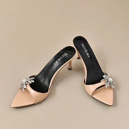 Star style Luxury Rhinestones Flowers PVC Women Slippers Sandals Elegant Thin High heels Mules Slides Fashion Summer Party Shoes