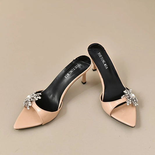 Star style Luxury Rhinestones Flowers PVC Women Slippers Sandals Elegant Thin High heels Mules Slides Fashion Summer Party Shoes