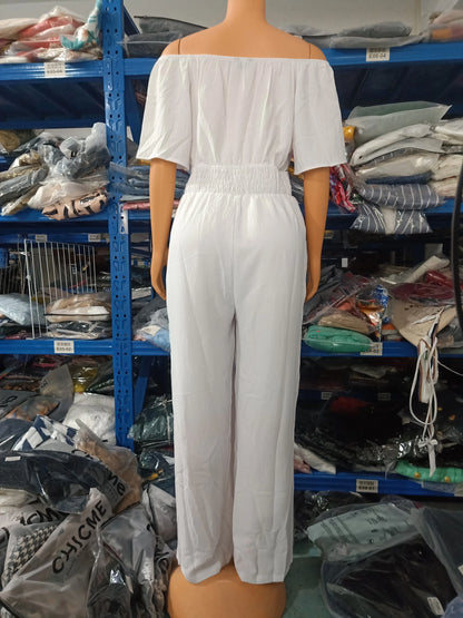 Jumpsuits for Women 2023 Spring Fashion Off Shoulder Casual Plain Short Sleeve Shirred Waist Daily Long Wide Leg Jumpsuit