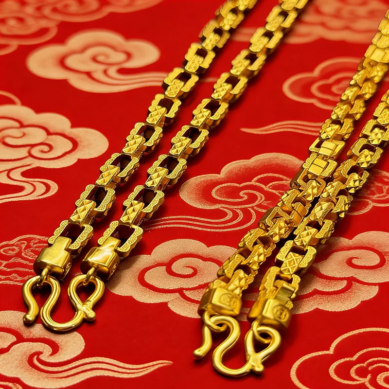 Luxury 9999 24K Solid gold fashionable starry Mika square knight chain jewelry single-row buckle men's necklace sweater chain