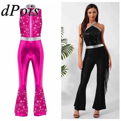70s 80s Disco Costume Women's Streetwear Jumpsuit Shiny Clubwear Flared Long Pants Rompers Flares Metallic Hippie Party Outfit