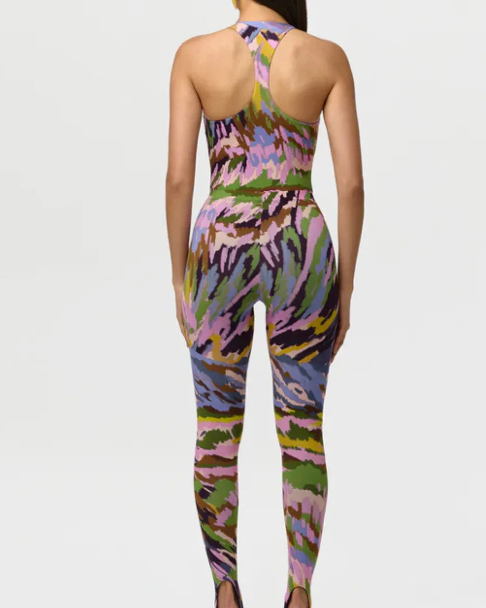 STYLISH LADY Colorful Camo Print 2 Piece Outfit Women Halter Sleeveless Bodysuit High Waist Skinny Pants Street Matching Sets