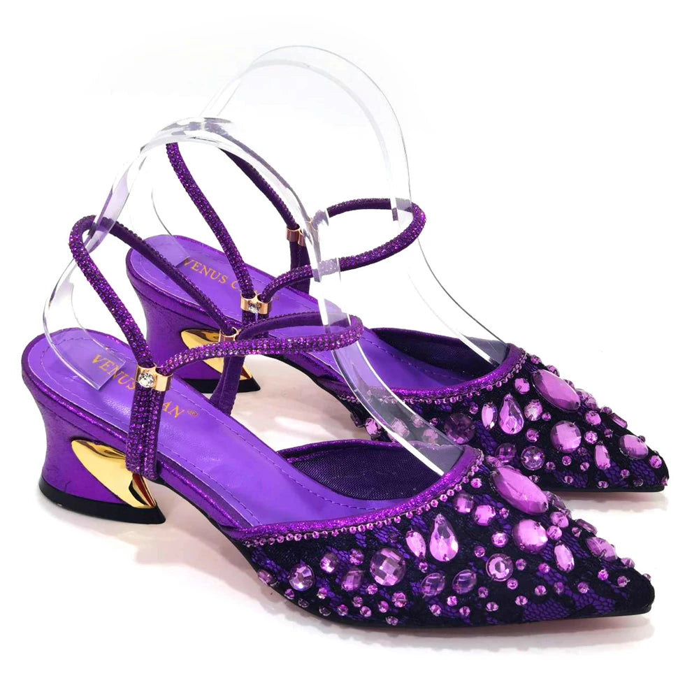 Women Purple Rhinestone Shoes Matching Bag Set Italian Design Chunky Heel Pumps Tassel Clutch Purse Nigeria Wedding Party Dress