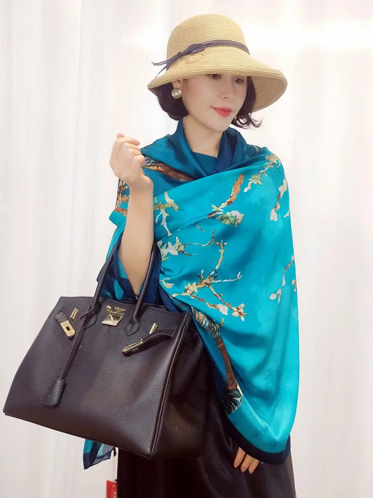 Designer Almond Blossoms Printed Silk Scarf Women Luxury Sun Protection Shawl Ladies Summer Beach Pareo Sarong Travel Wrap 180cm