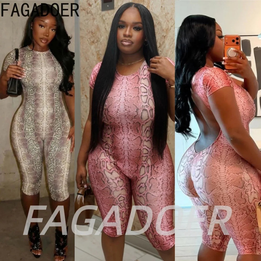 FAGADOER Sexy Snake Print Bodycon Romper Hot Girl O Neck Button Backless Hollow Out  Skinny Jumpsuits Streetwear Club Playsuits