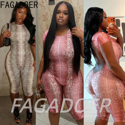 FAGADOER Sexy Snake Print Bodycon Romper Hot Girl O Neck Button Backless Hollow Out  Skinny Jumpsuits Streetwear Club Playsuits